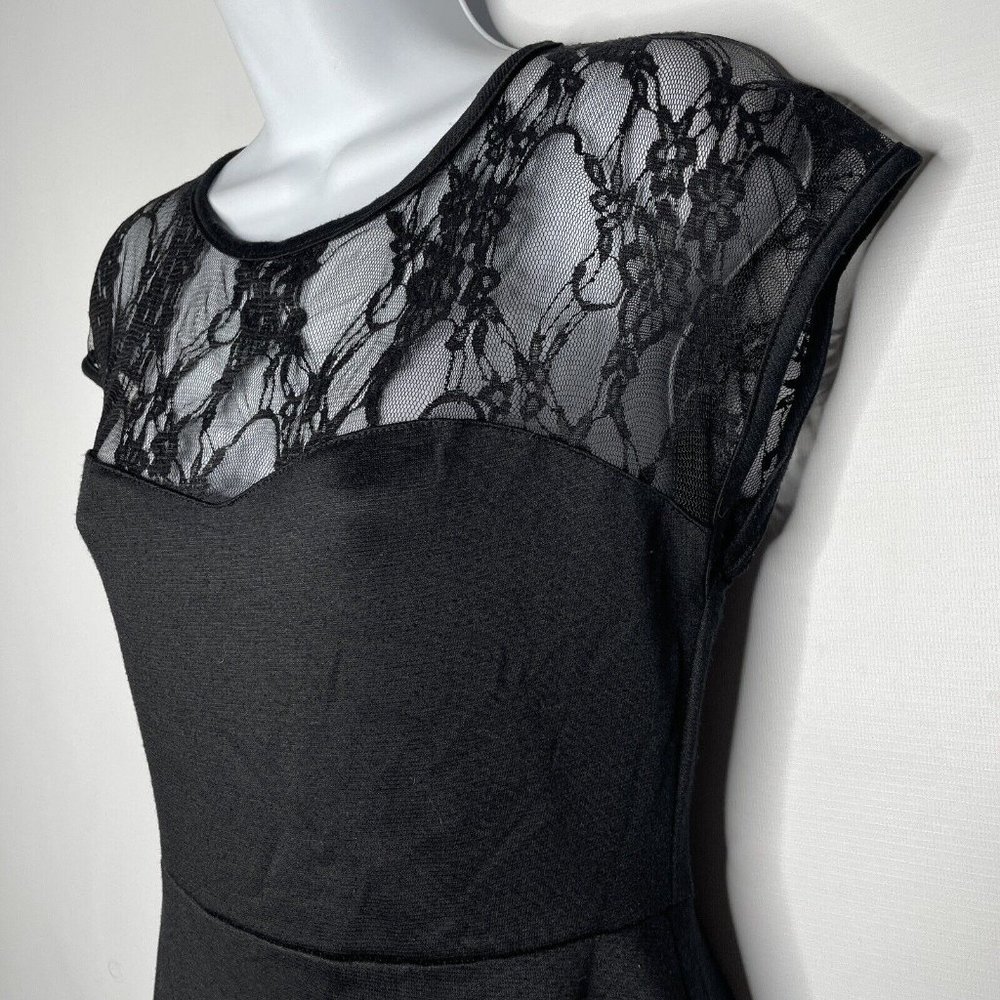 Rock Steady Retro Black Stretch Jersey Floral Mesh Lace Fit Flare Dress - Picture 6 of 8